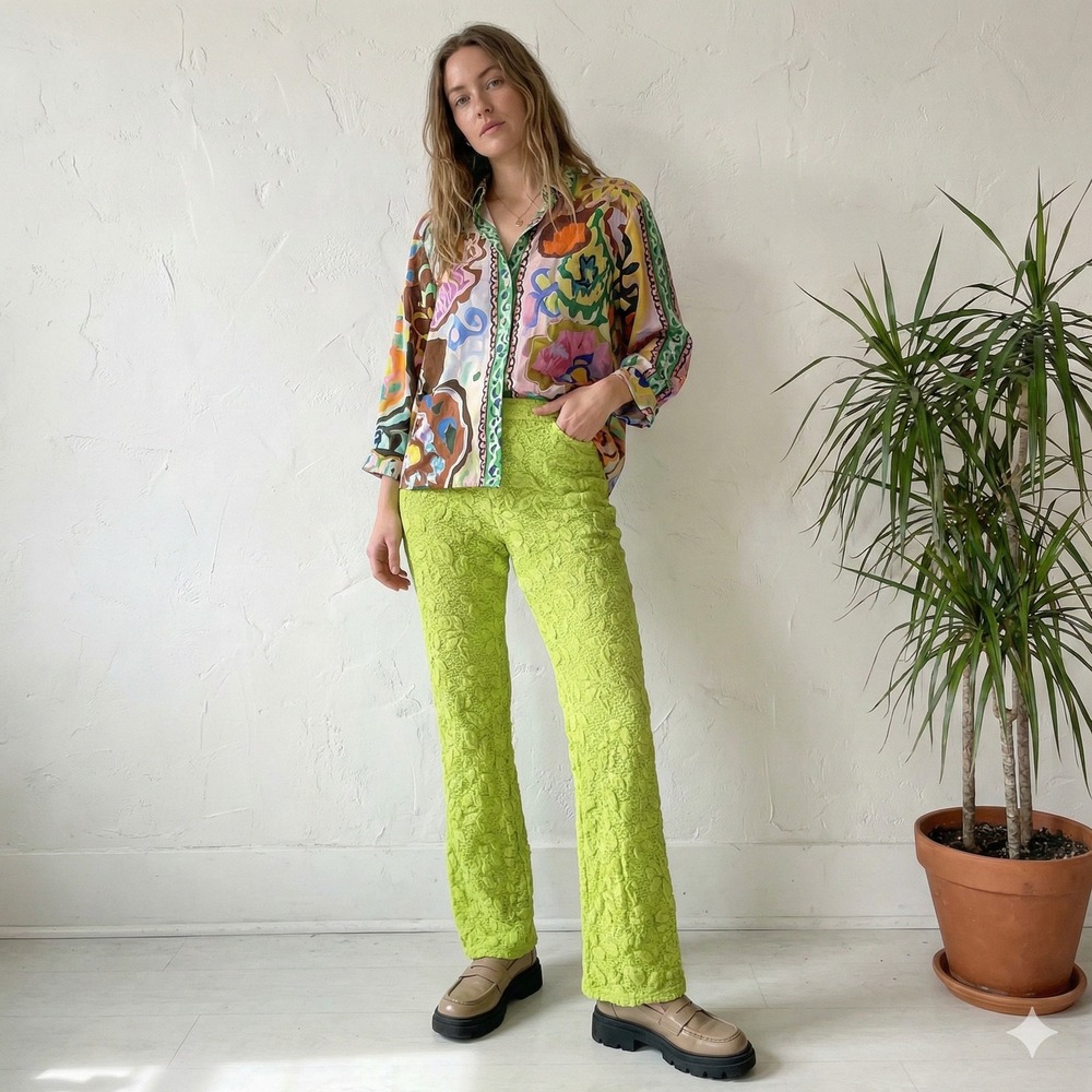Stine Goya Andy Pants‎ Womens Small Lime Green Floral Lace Jersey Flared Leg
